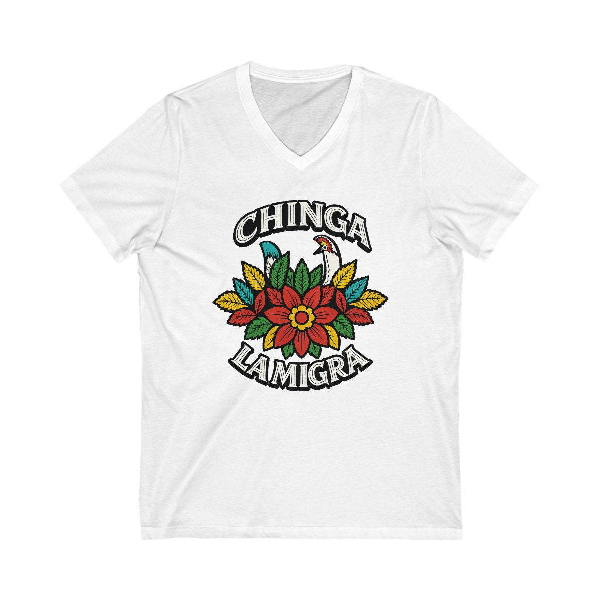 Chinga La Migra Floral Graphic V-Neck White T-shirt Product