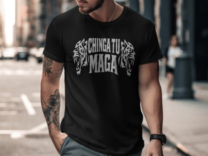 Black t-shirt with white "Chinga Tu Maga" text and tiger graphics.