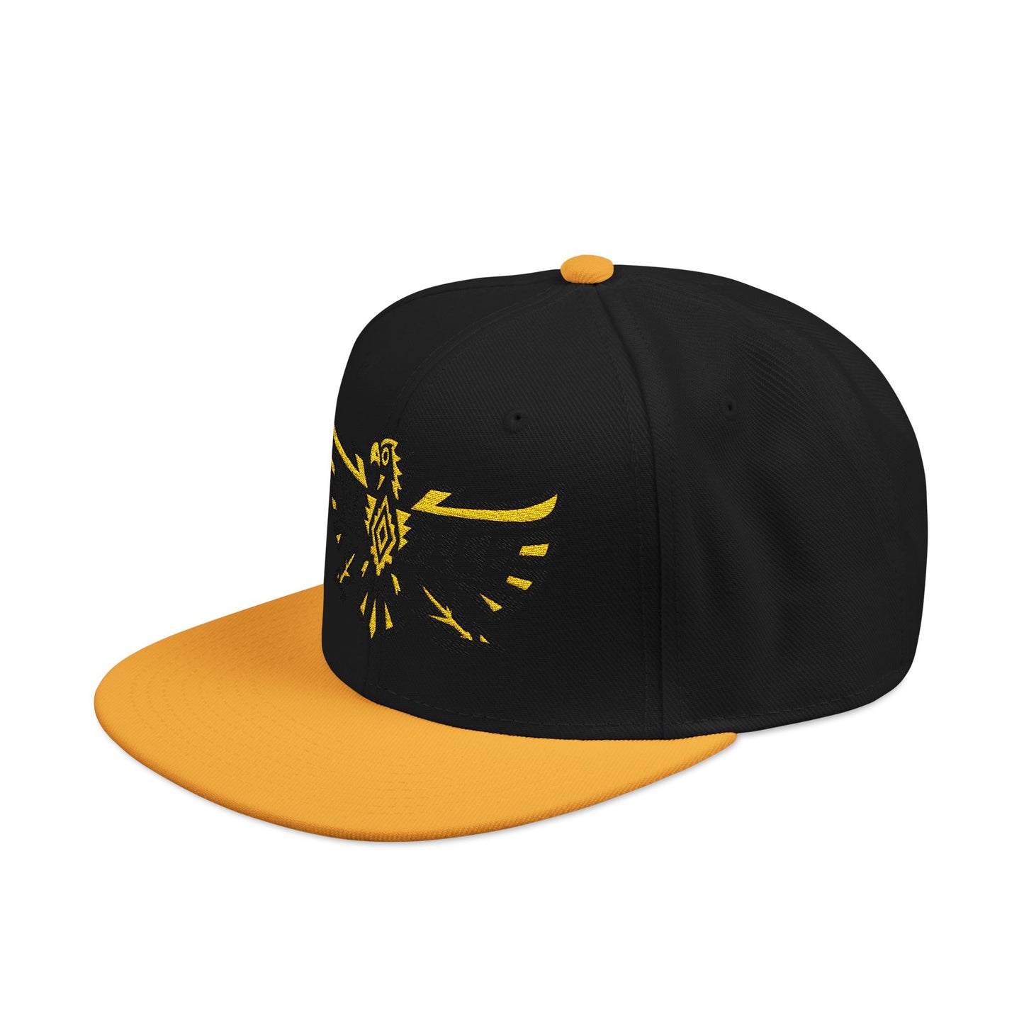 Black snapback hat with yellow eagle design and orange brim
