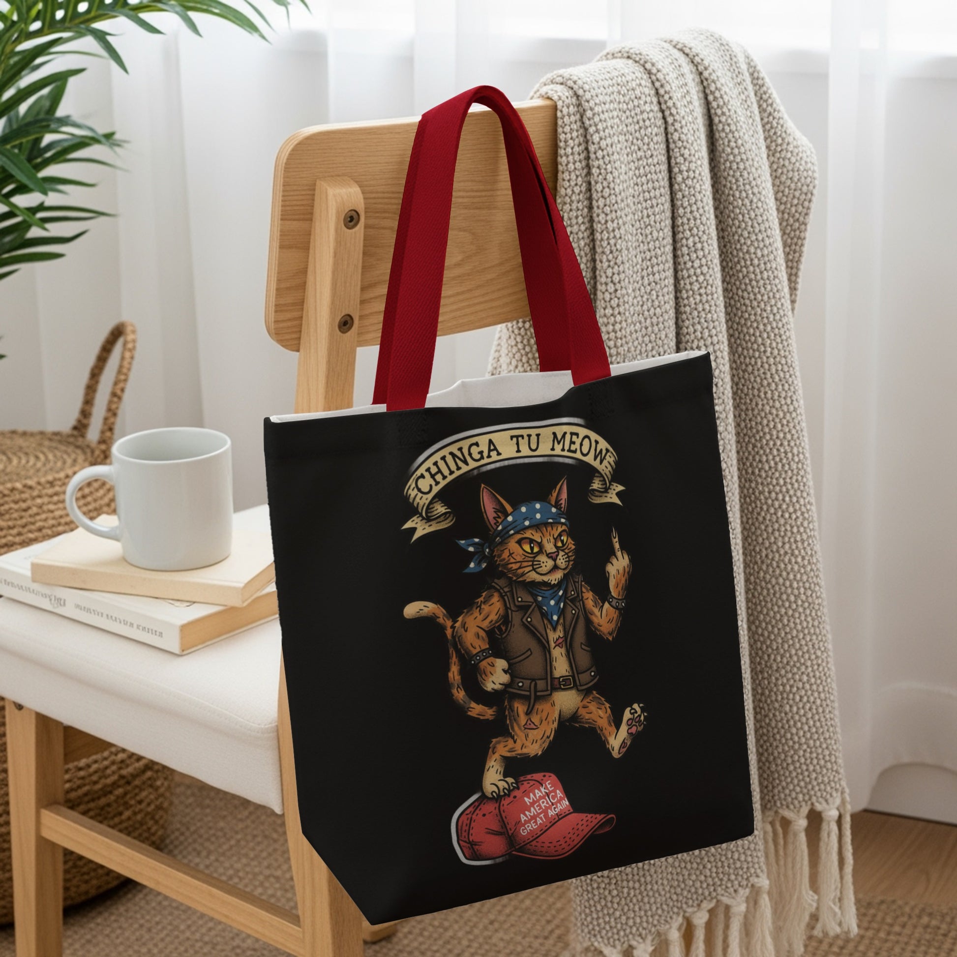 Tote bag with a cat wearing a bandana, leather vest, and "Make America Great Again" hat.