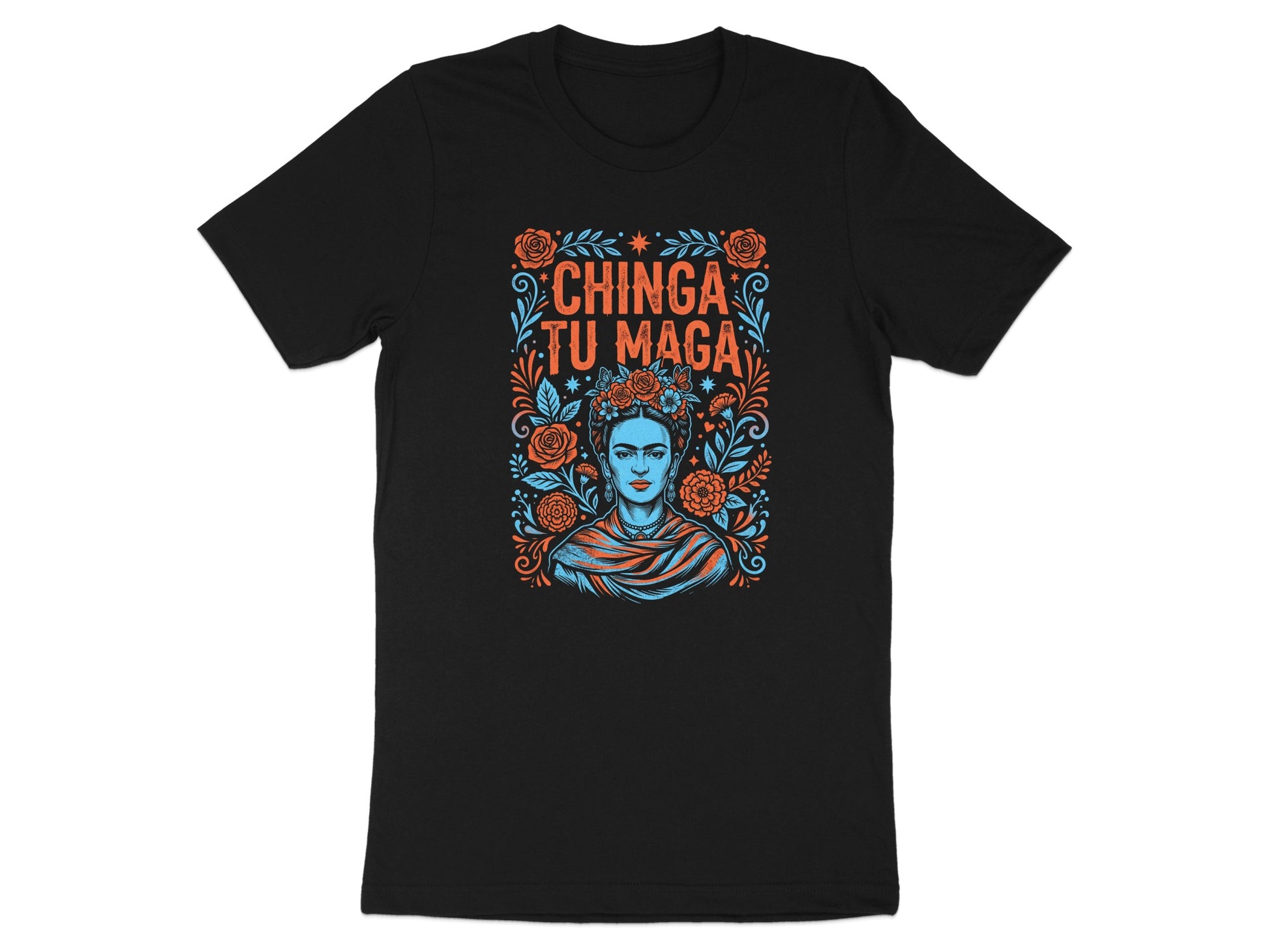 Black t-shirt with Frida Kahlo graphic and "Chinga Tu Maga" text.