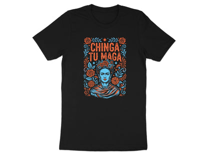 Black t-shirt with Frida Kahlo graphic and "Chinga Tu Maga" text.