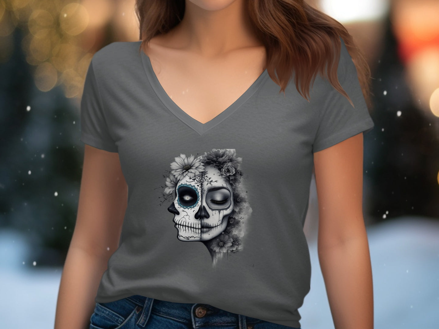 Floral Skull Graphic Design V Neck Shirt product type
