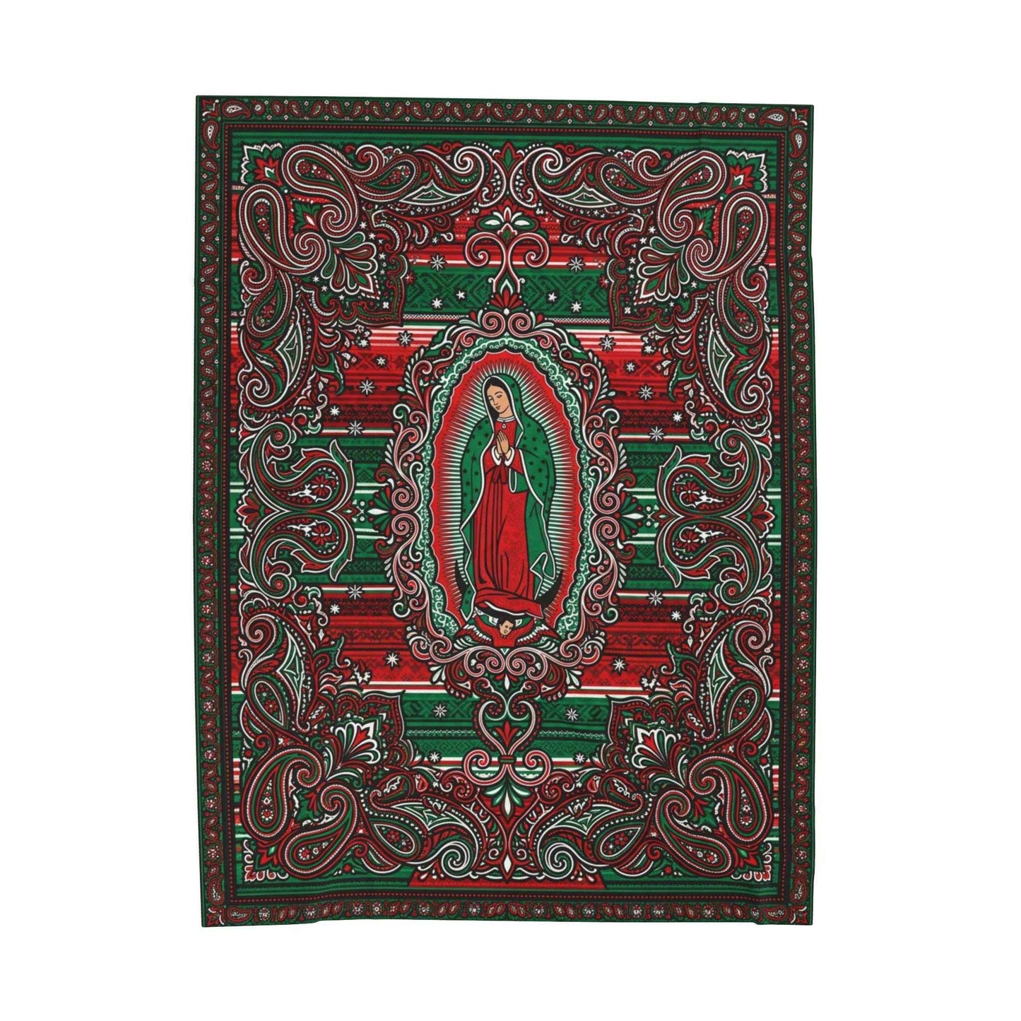 Our Lady of Guadalupe Blankets, Vibrant Red Green Paisley Design, Virgen De Guadalupe Folk Art, Mexican Inspired Throw, Sacred Blankets