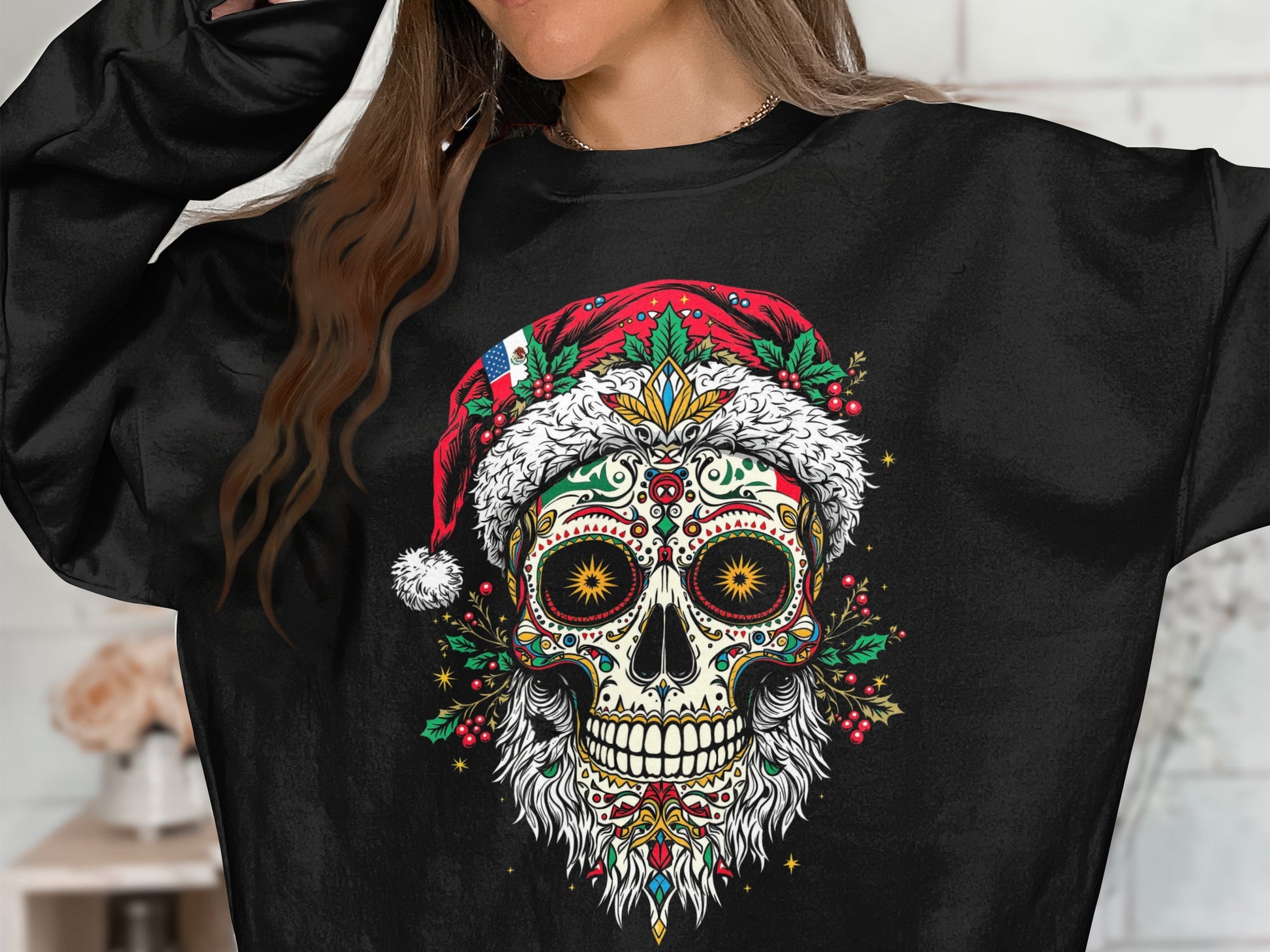 Festive Santa Skull Graphic Long Sleeve Holiday Shirt