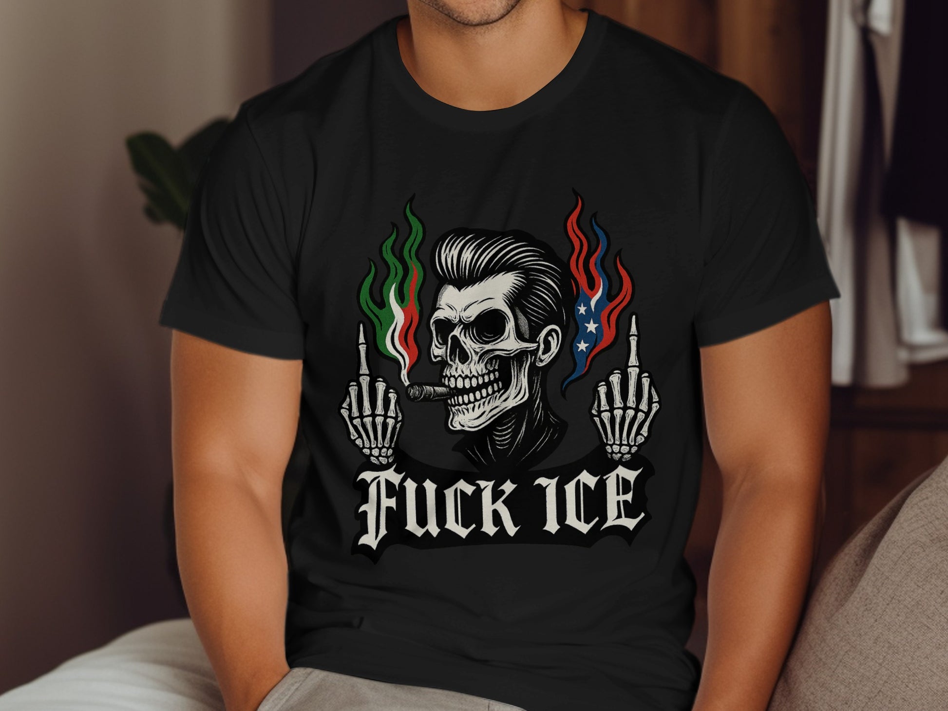 Skull with Flames and Middle Fingers Graphic T-shirt