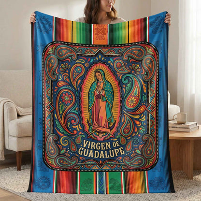 Vibrant Virgen de Guadalupe Blanket, Our Lady of Guadalupe Throw, Sacred Mexican Folk Art Decor, Colorful Aztec Serape Design, Unique