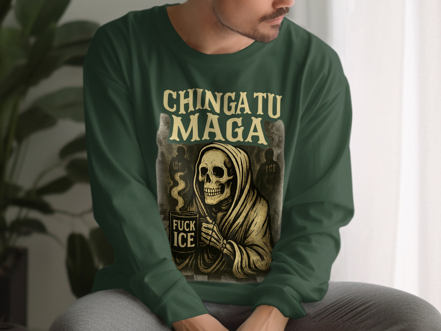 Skeleton Holding Mug with Funny Text Sweatshirt