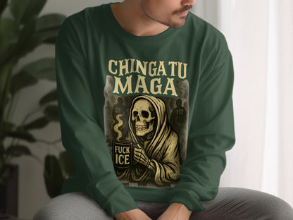 Skeleton Holding Mug with Funny Text Sweatshirt
