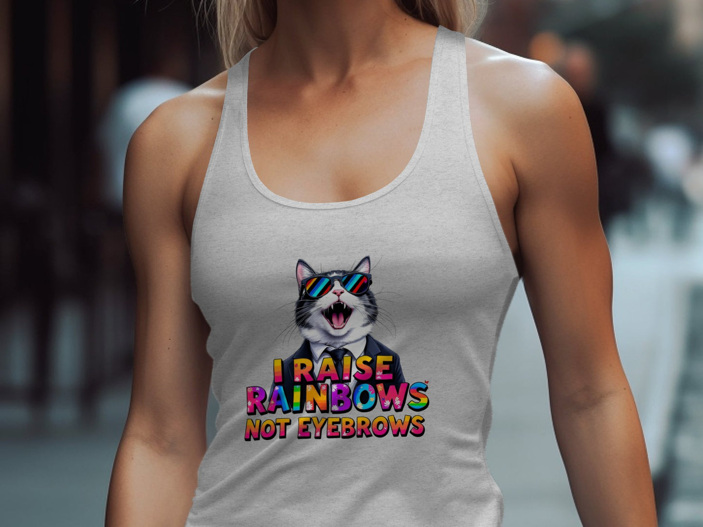 I Raise Rainbows Not Eyebrows Cat Graphic Tank Top product