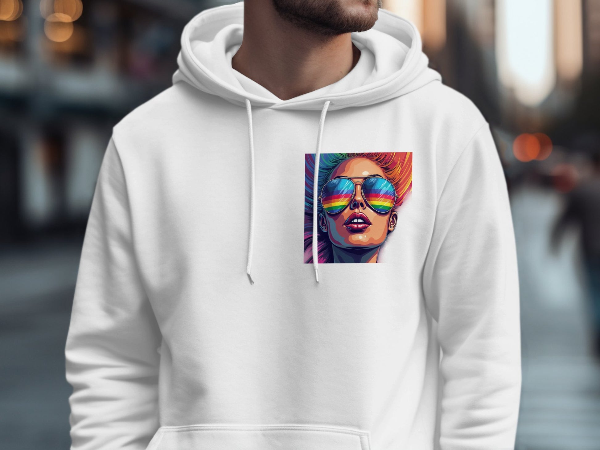 Vibrant Sunglasses Portrait on White Hoodie product