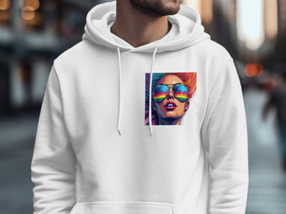 Vibrant Sunglasses Portrait on White Hoodie product