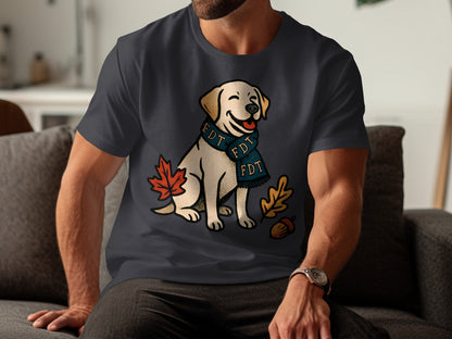 Cute Dog Wearing Scarf With Autumn Leaves T-Shirt