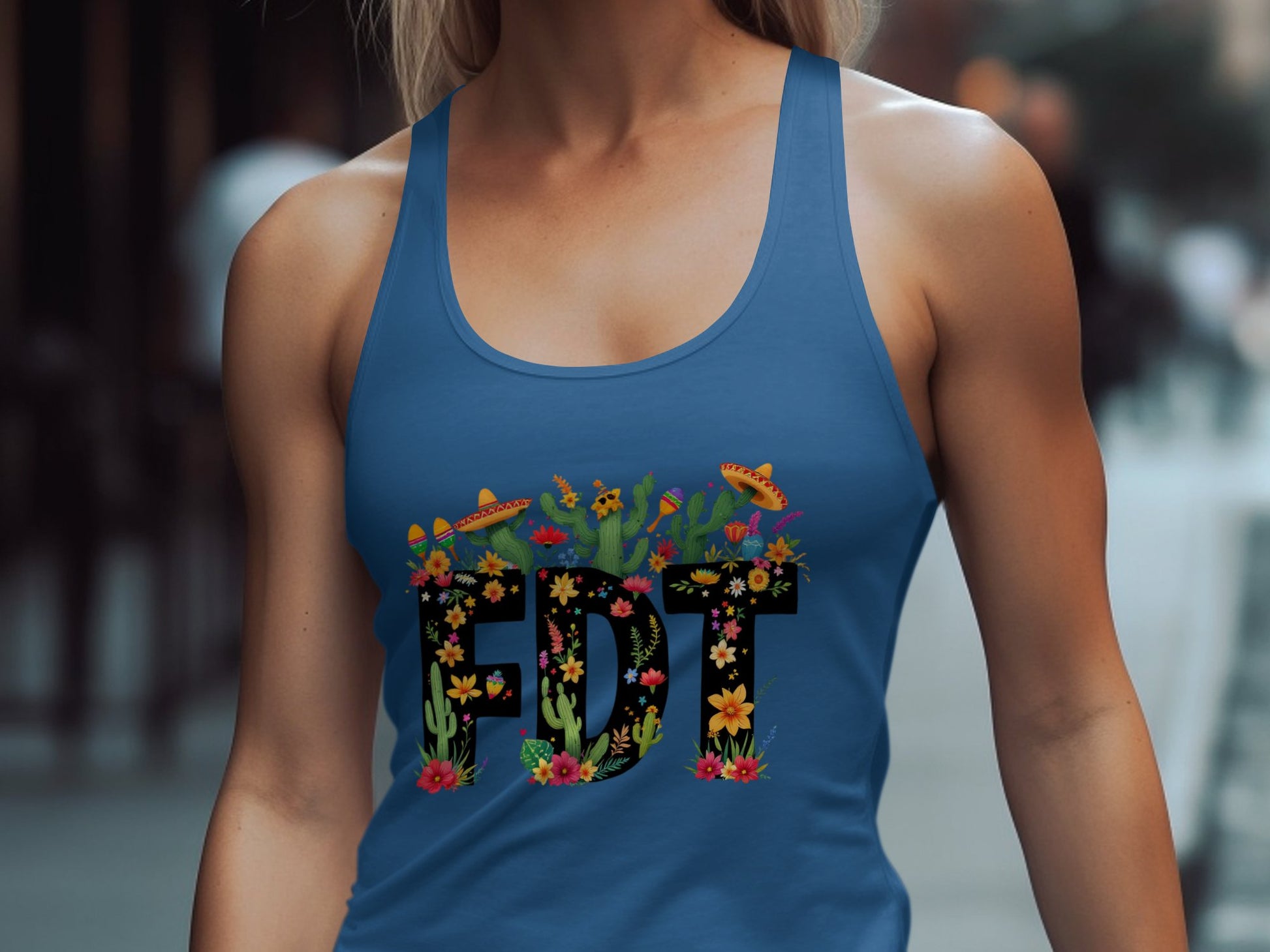 Floral Cactus Sombrero Design Blue Tank Top product