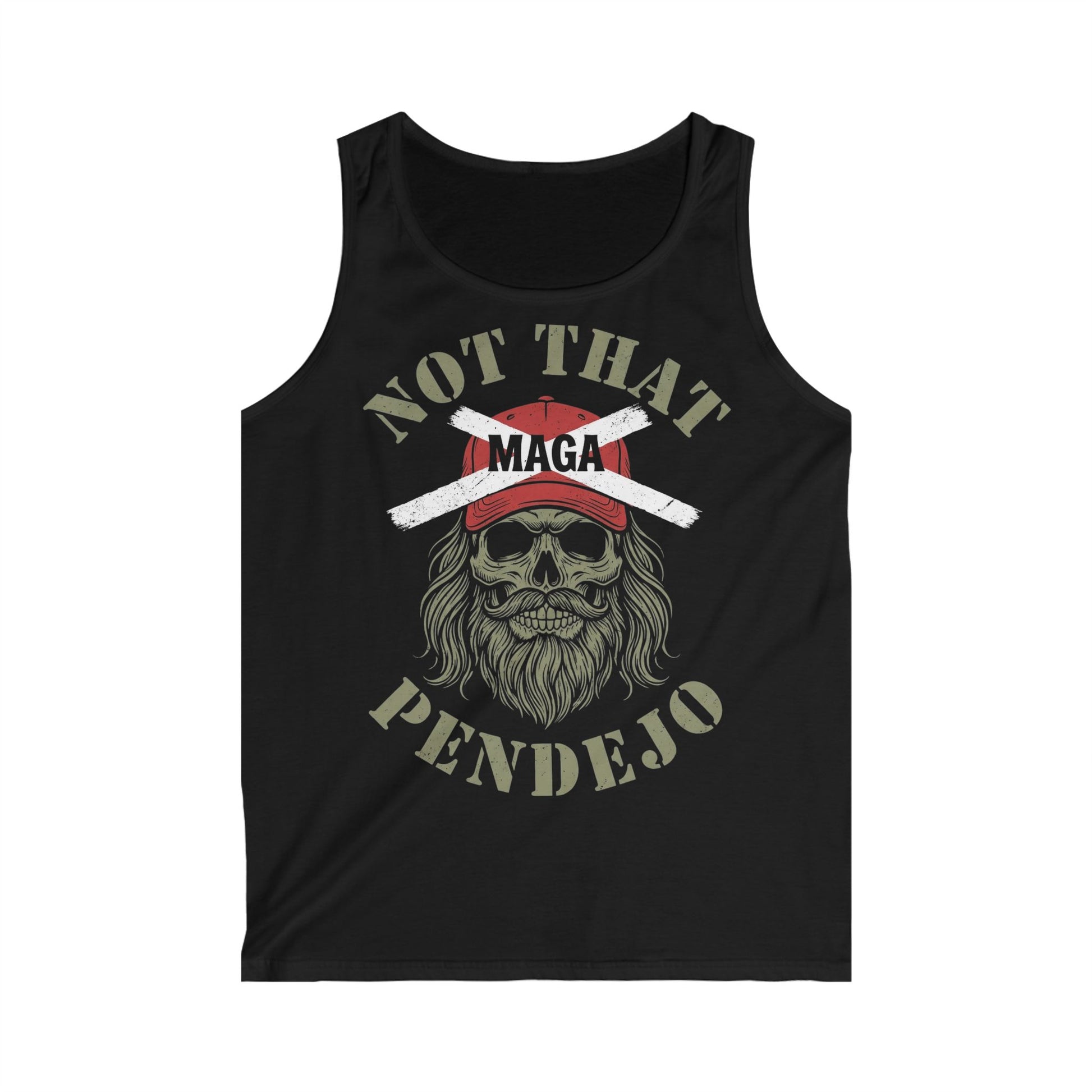 Black tank top with skull wearing a red hat and text "NOT THAT MAGA PENDEJO".