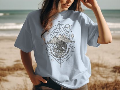 Geometric Mountain and Wolf Graphic T-Shirt product