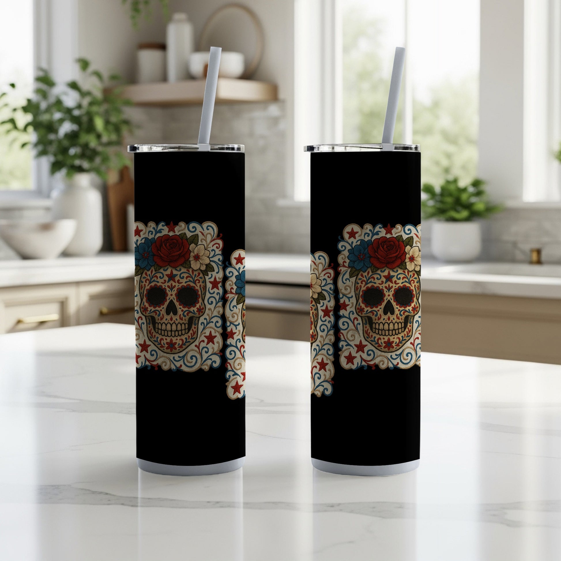 Floral Skull Design Tall Tumbler Black 20 oz product type