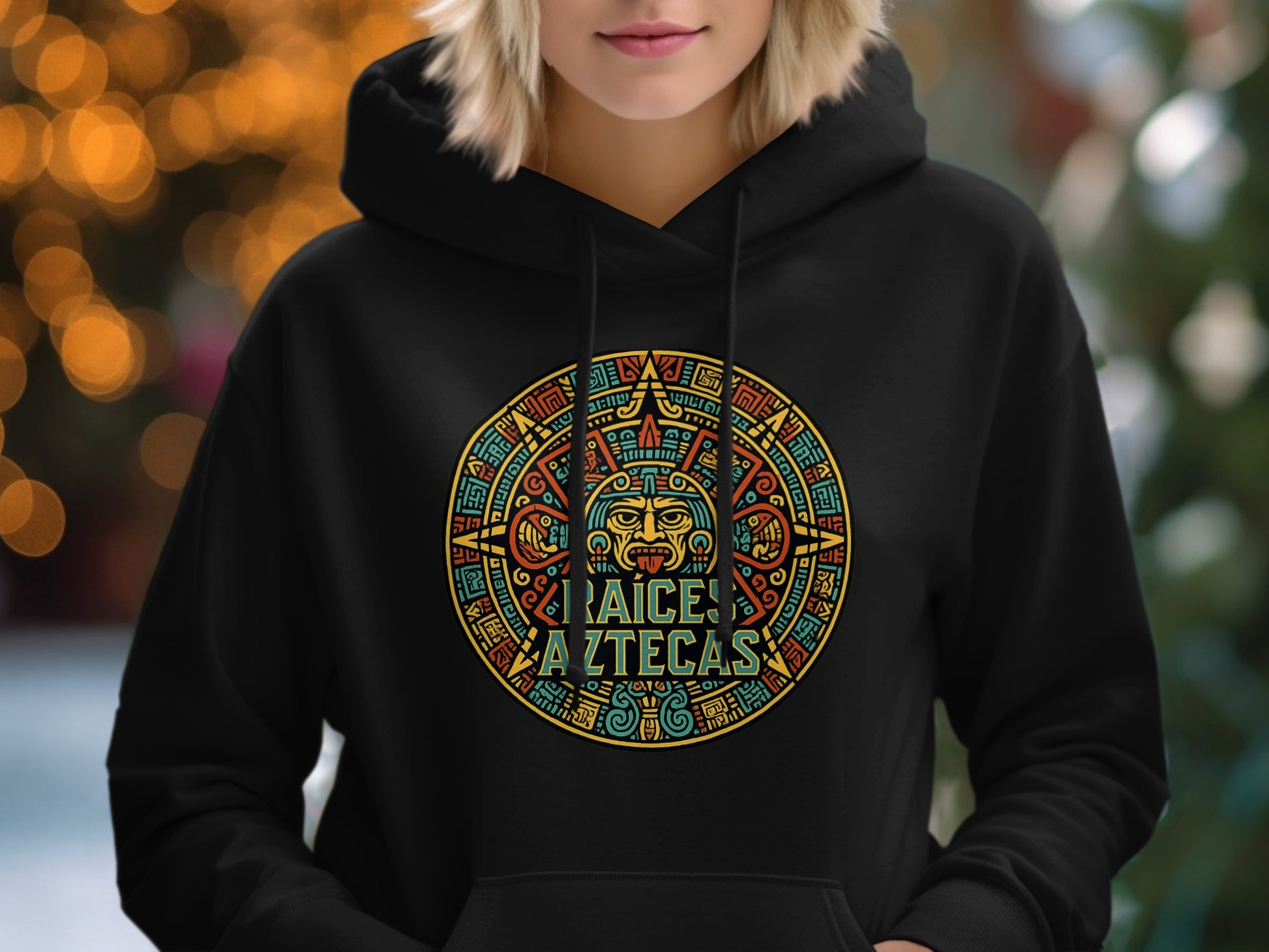Raices Aztecas Colorful Symbol on Black Hoodie product