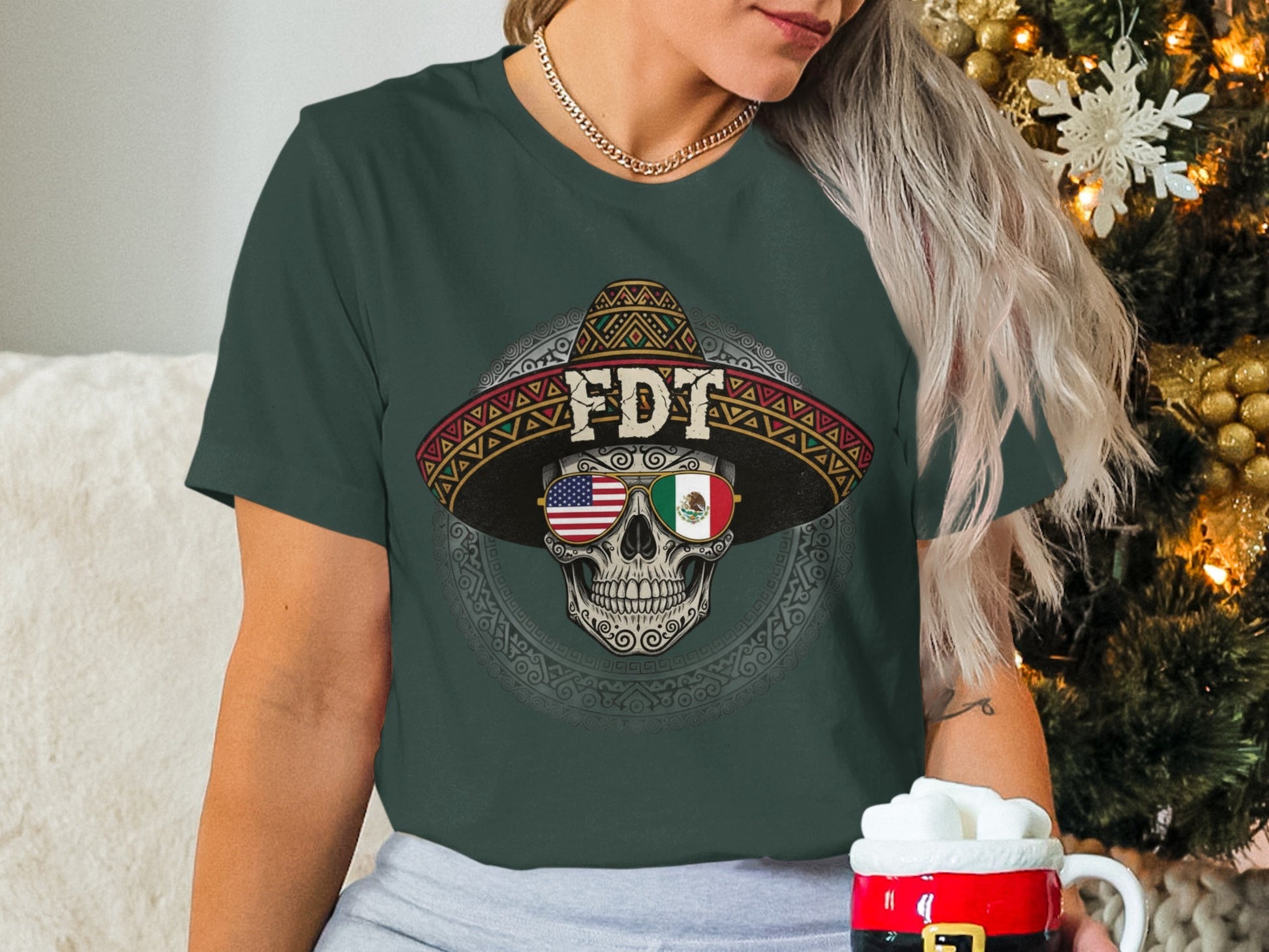 Skull with USA and Mexico Flags Sombrero Shirt