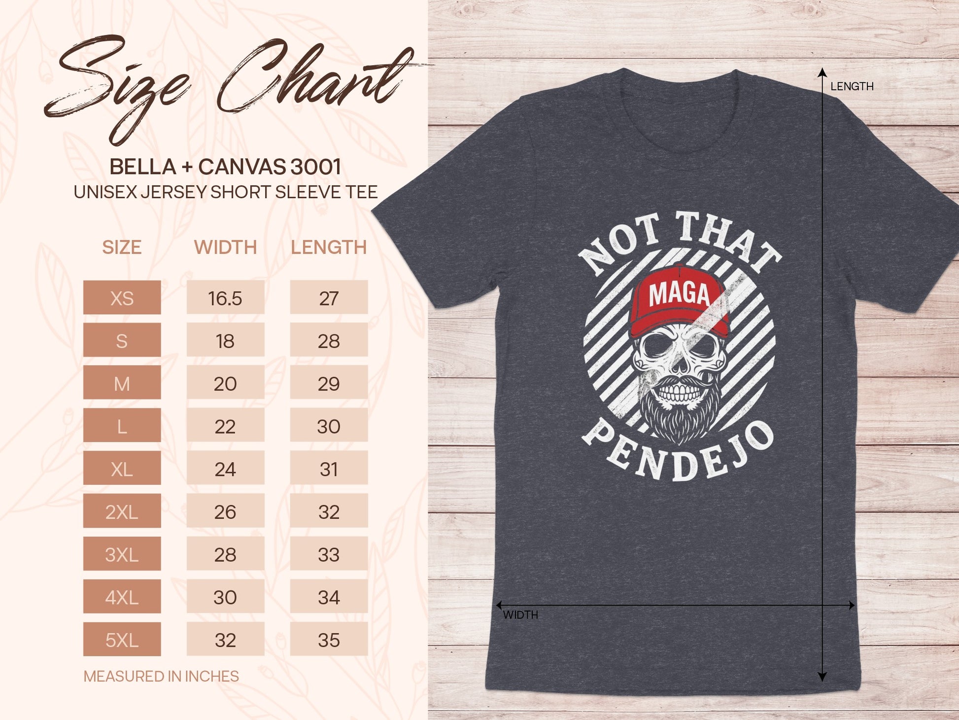 Size chart for BELLA + CANVAS 3001 unisex tee with skull graphic.
