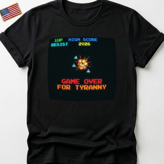 RESIST Game Over for Tyranny T-Shirt, Retro Arcade Pixel Art Tee, Vintage Gamer High Score Statement Shirt, 8-Bit Explosion Spaceship