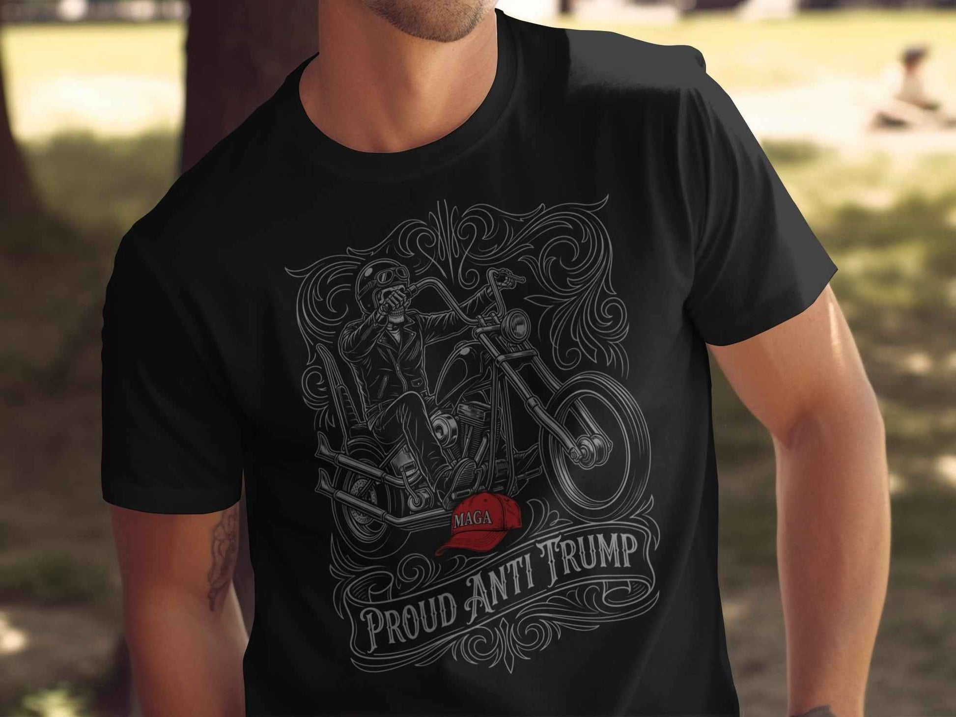 Proud Anti Trump T-Shirts, Skeleton Biker, MAGA Hat Statement, Motorcycle Rider, Political Protest, Unique Graphic T-Shirts