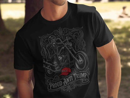 Proud Anti Trump T-Shirts, Skeleton Biker, MAGA Hat Statement, Motorcycle Rider, Political Protest, Unique Graphic T-Shirts