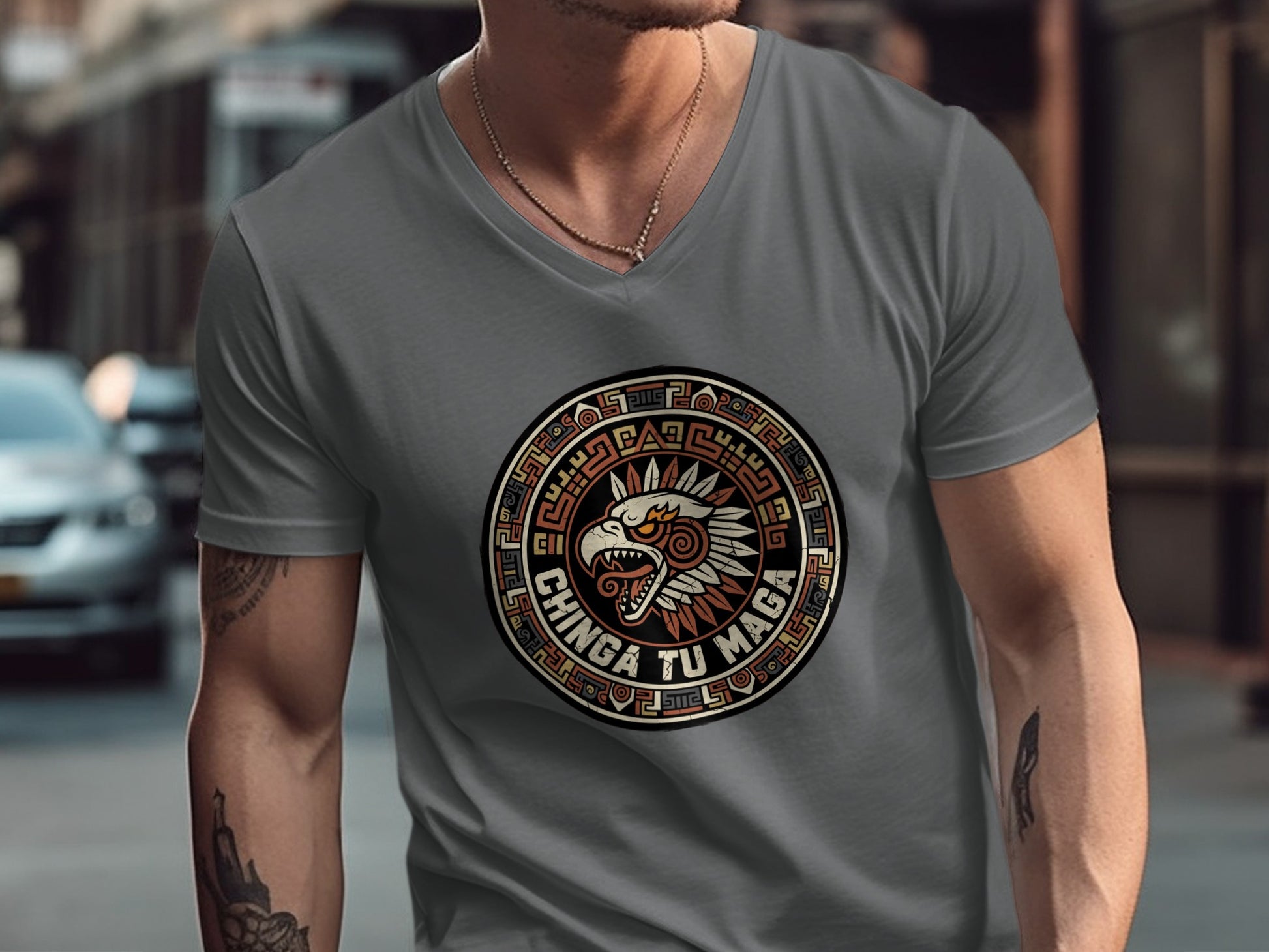 Stylish Aztec Lion Design on Gray V Neck T Shirt product type