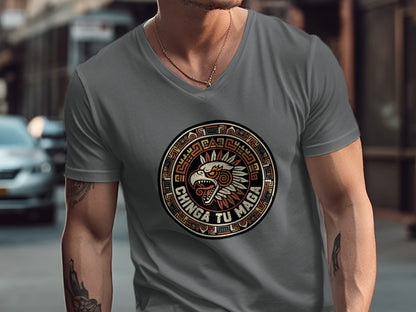 Stylish Aztec Lion Design on Gray V Neck T Shirt product type