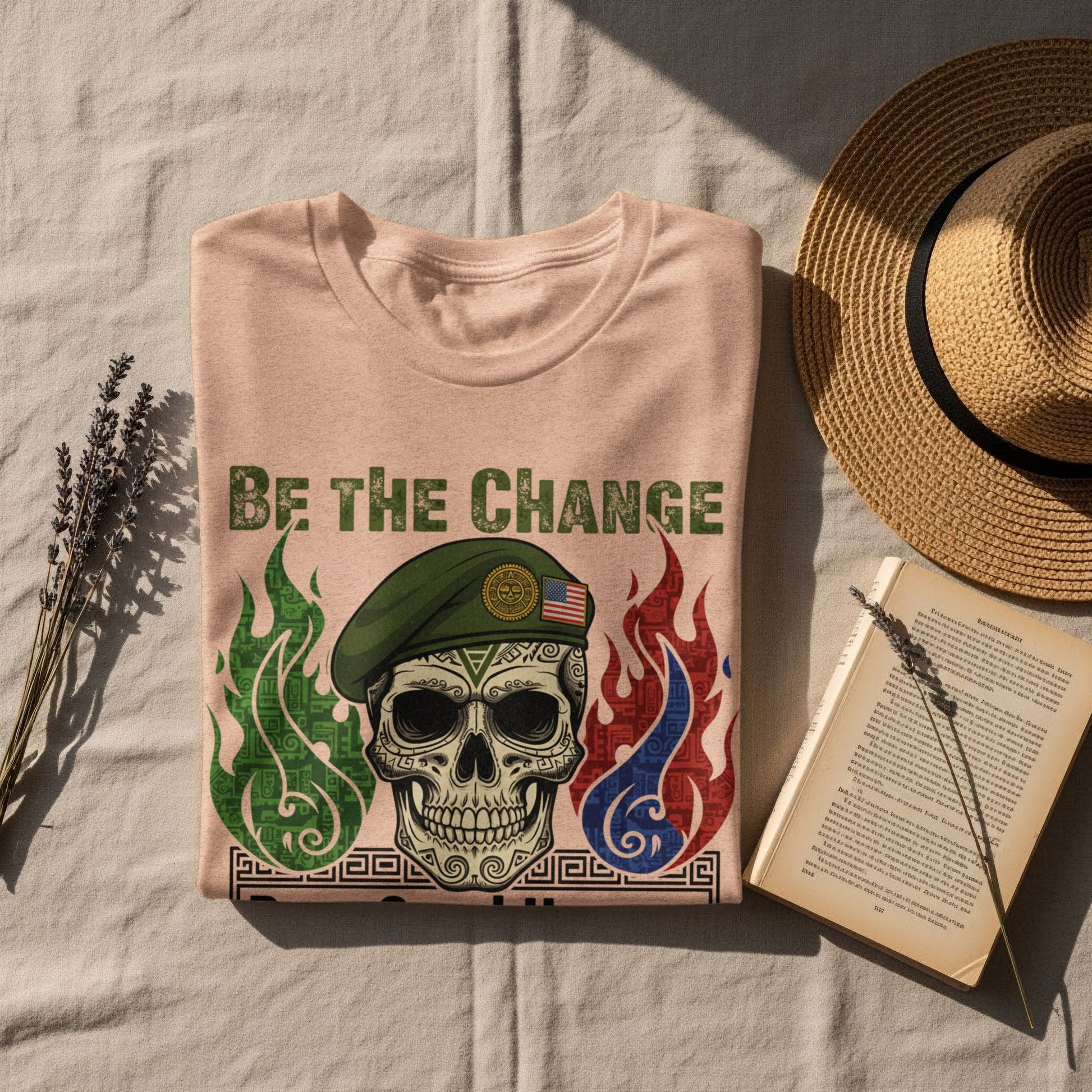 Be The Change Skull Graphic Tee with Beret and Flames