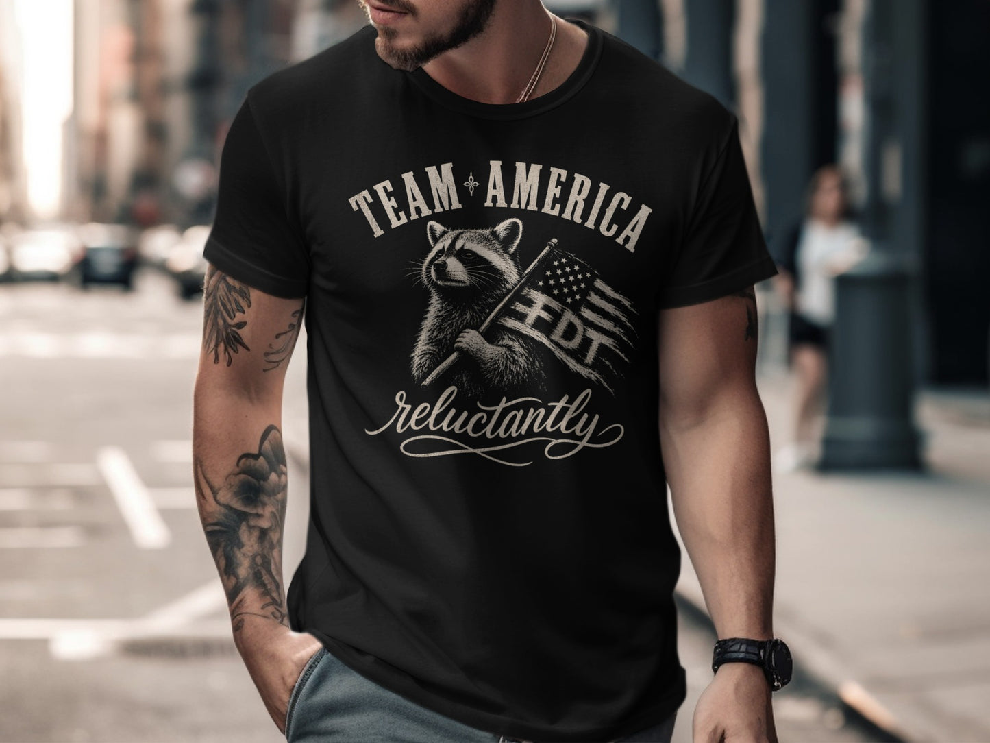 Black t-shirt with raccoon holding American flag and "TEAM AMERICA FDT reluctantly" text.
