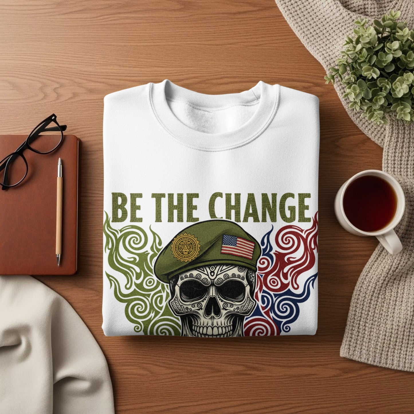 Be The Change Skull Beret With Flag Long Sleeve Shirt