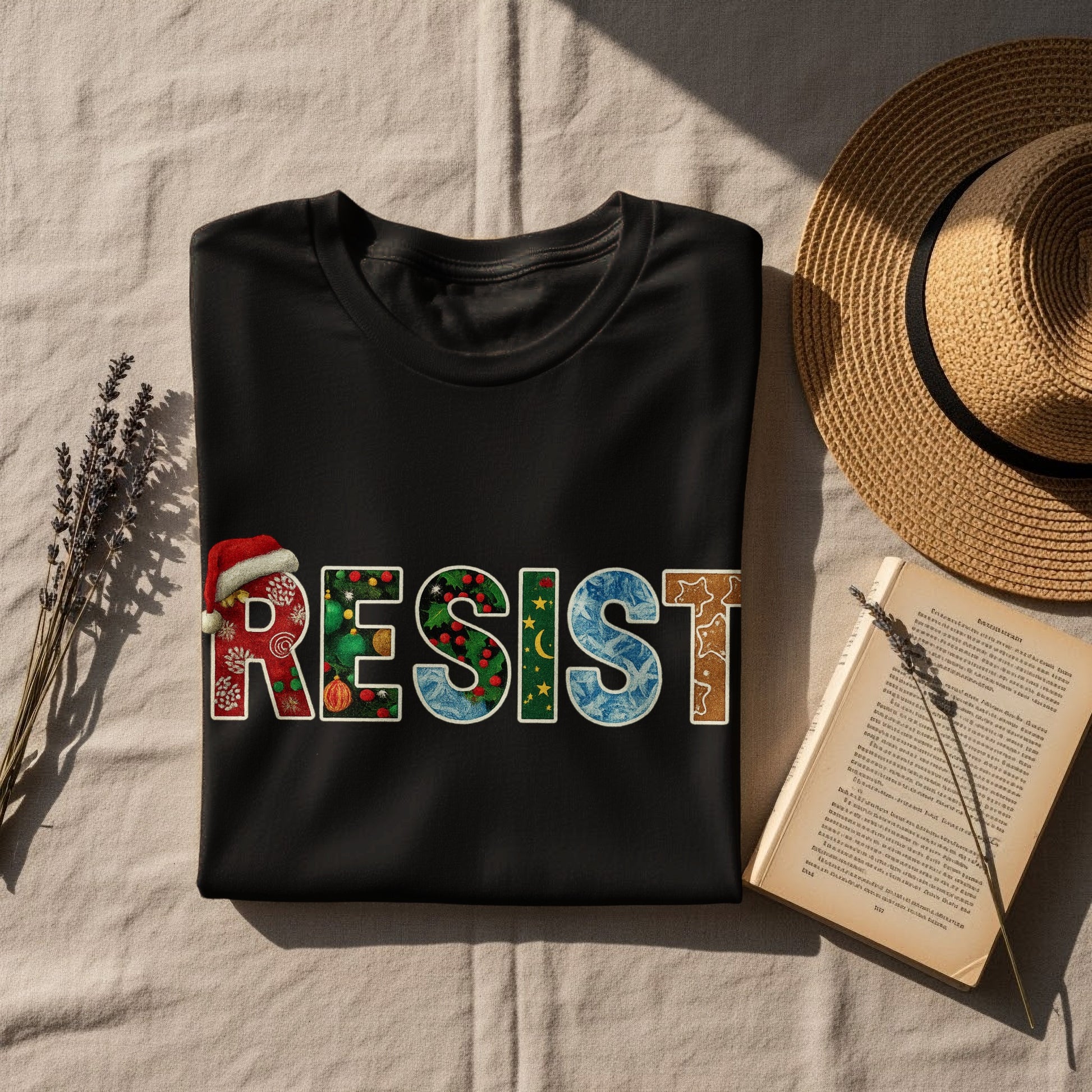 Festive Resist Graphic Apparel with Holiday Elements