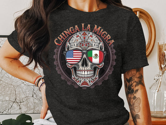 Chinga La Migra Skull with Flags Graphic Shirt product type