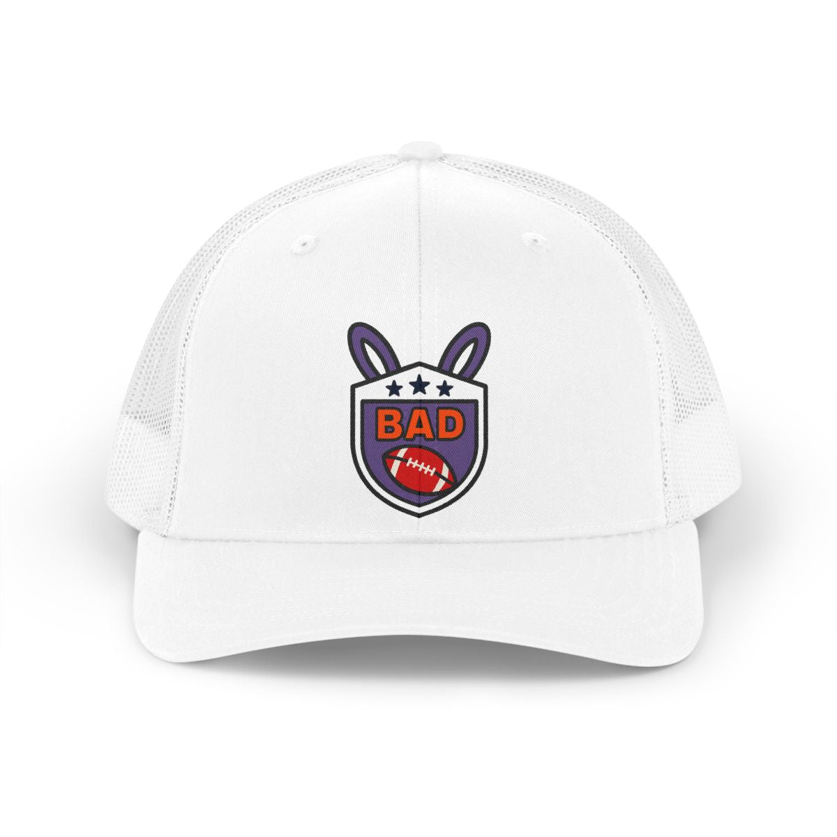 Stylish White Cap with Unique BAD Shield Design Cap