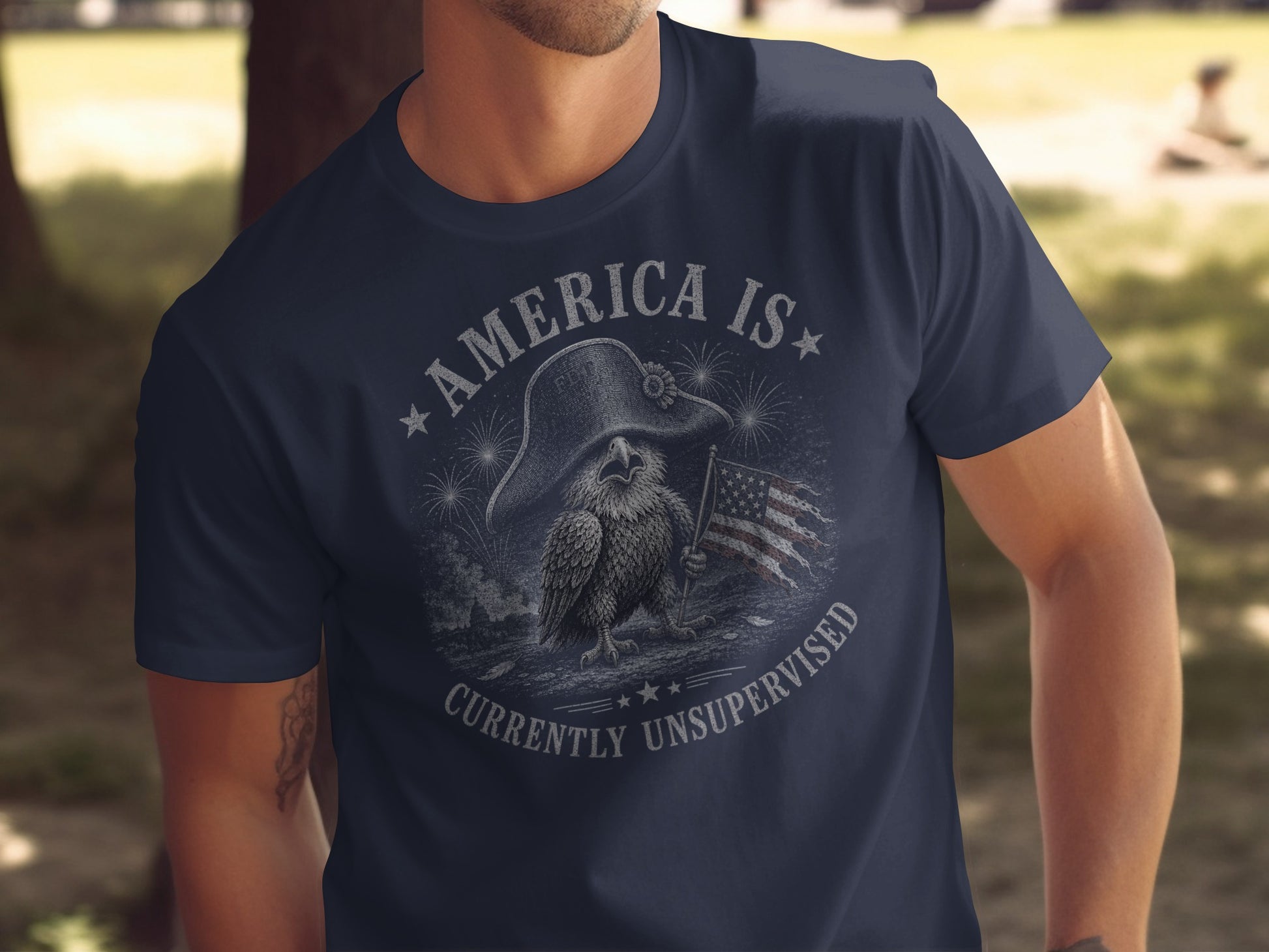 Eagle wearing a hat holds American flag, "America is currently unsupervised" text.