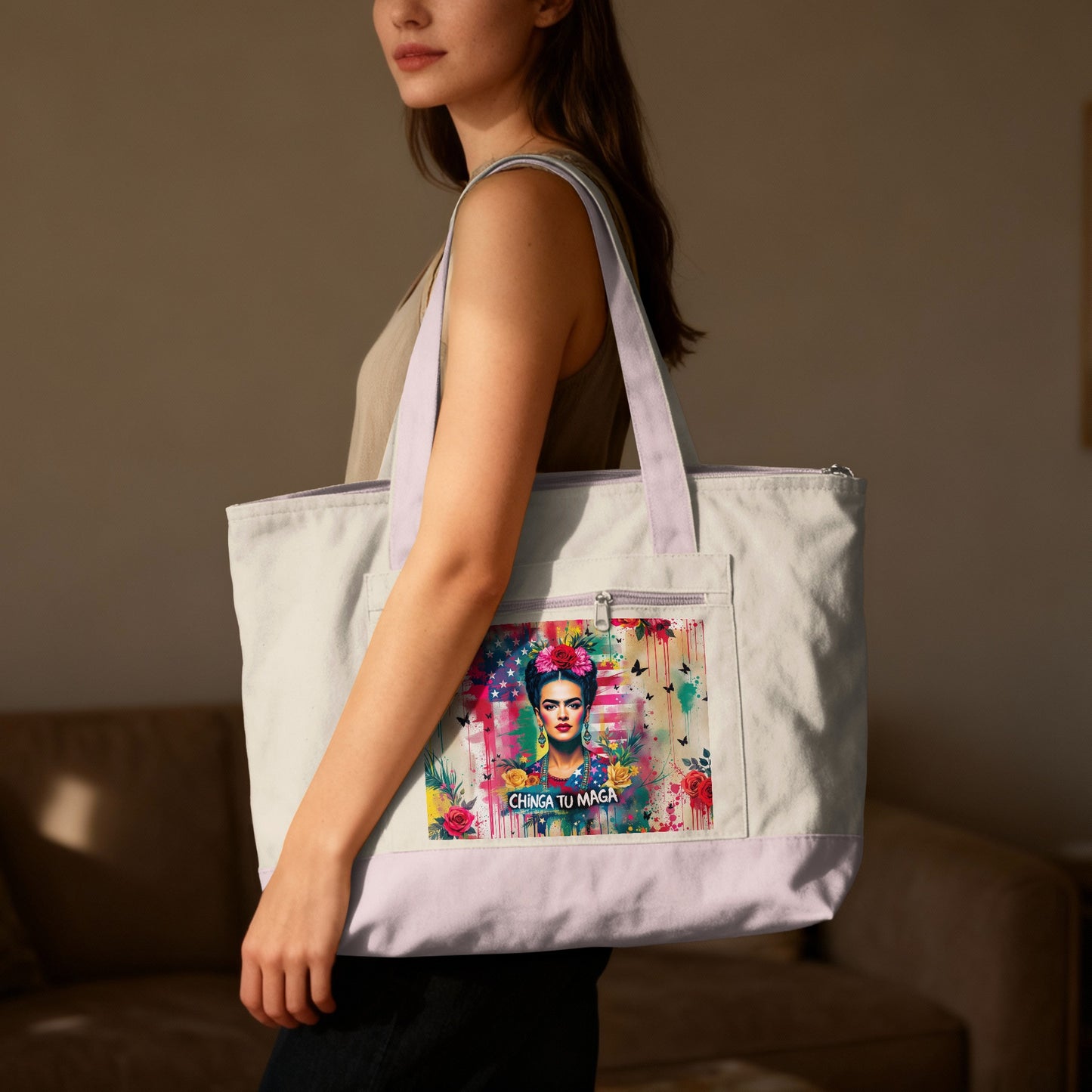 Frida Kahlo art on a canvas tote bag with "CHINGA TU MAGA" text.