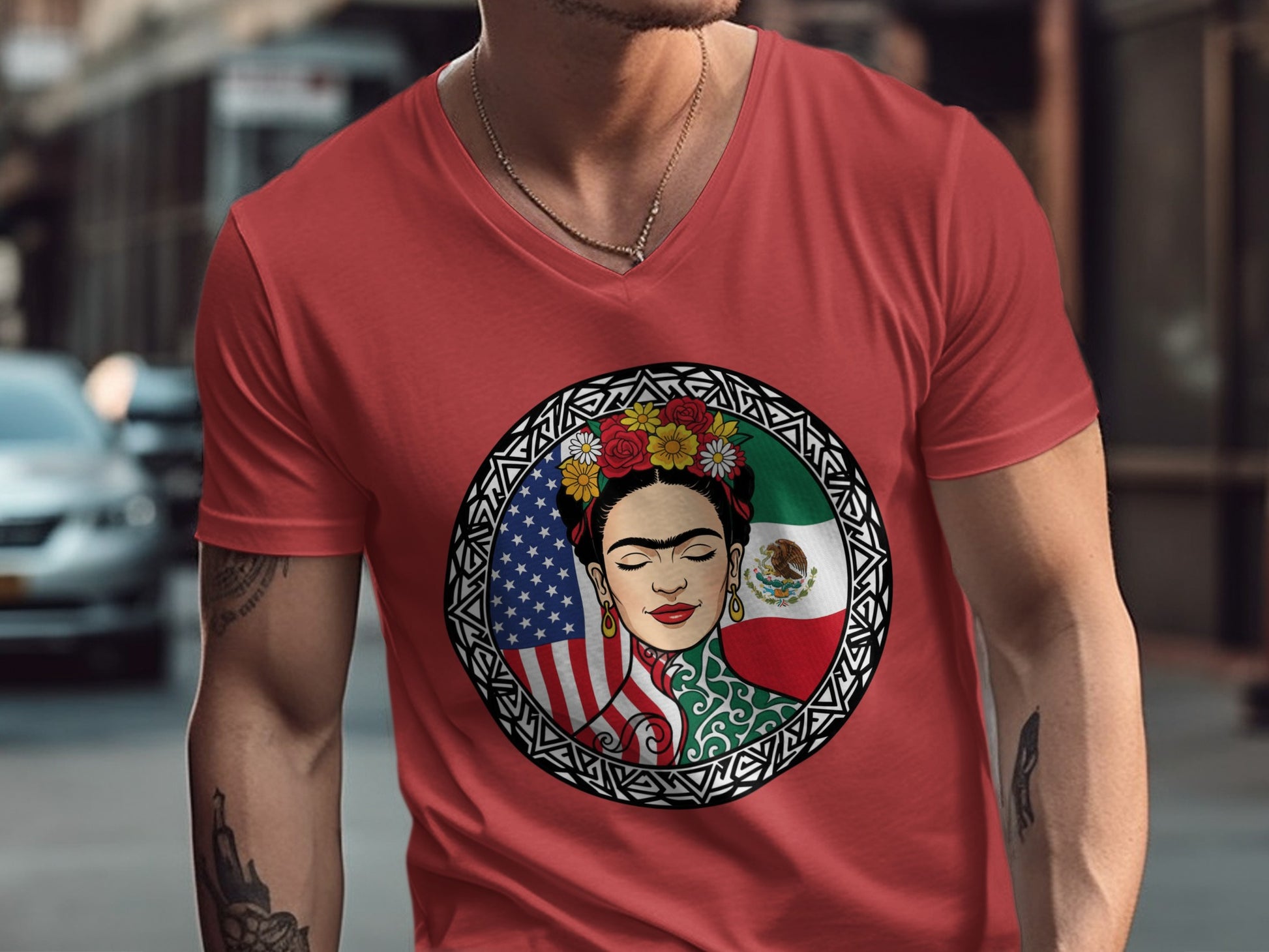 Frida Kahlo Art with American and Mexican Flags Shirt