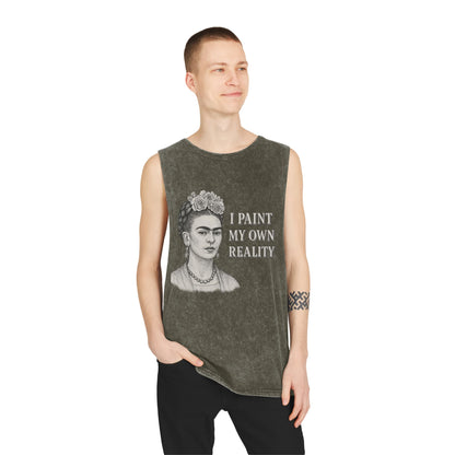 Frida Kahlo Inspirational Stonewash Tank Top, Unisex Graphic Muscle Shirt, Art Lover Gift, Bohemian Summer Top, Creative Reality Apparel
