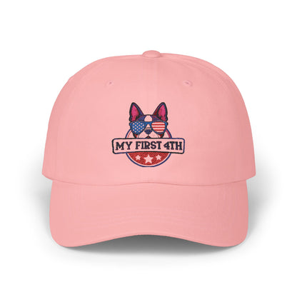 Patriotic Dog Dad Cap - 'My First 4th' Embroidered White Hat