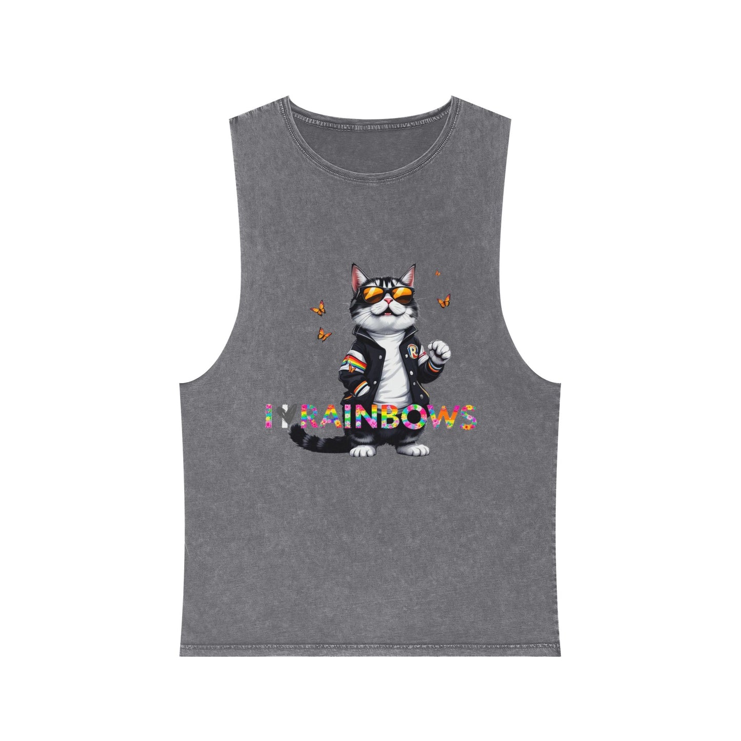 Unisex Stonewash Tank Top - Cute Cat with 'I Love Rainbows' Design