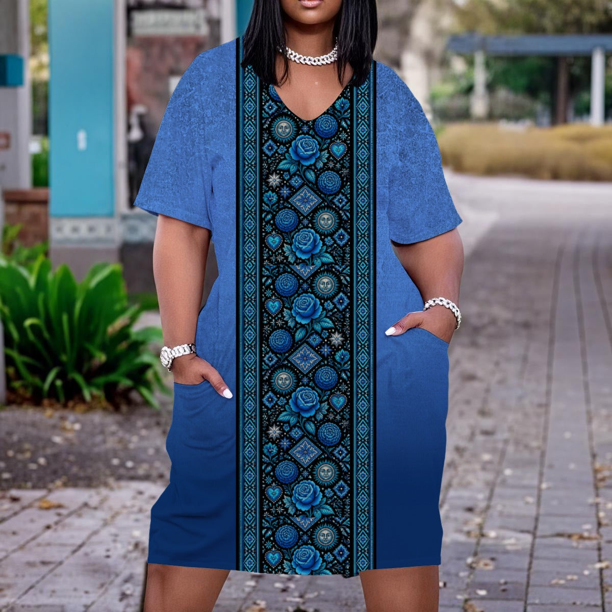All-Over Print Women'S V Neck Short Sleeve Dress|Plus Size