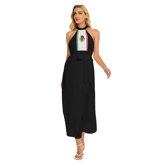 All-Over Print Women's Wrap Hem Belted Halter Dress