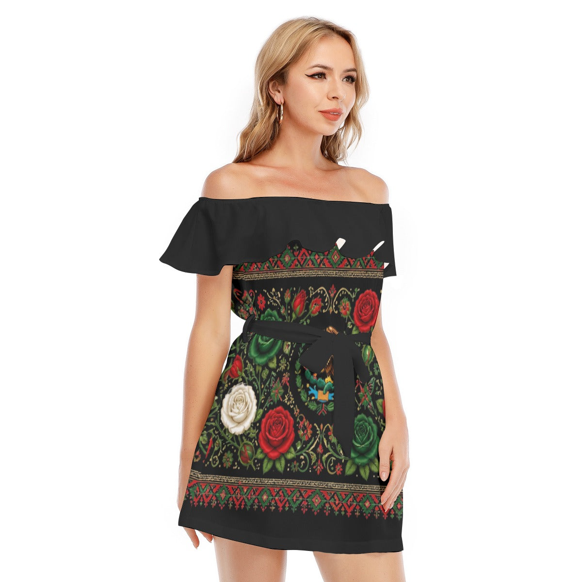 All-Over Print Women's Off-shoulder Dress With Ruffle
