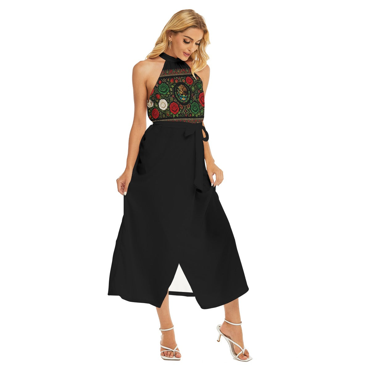 All-Over Print Women's Wrap Hem Belted Halter Dress