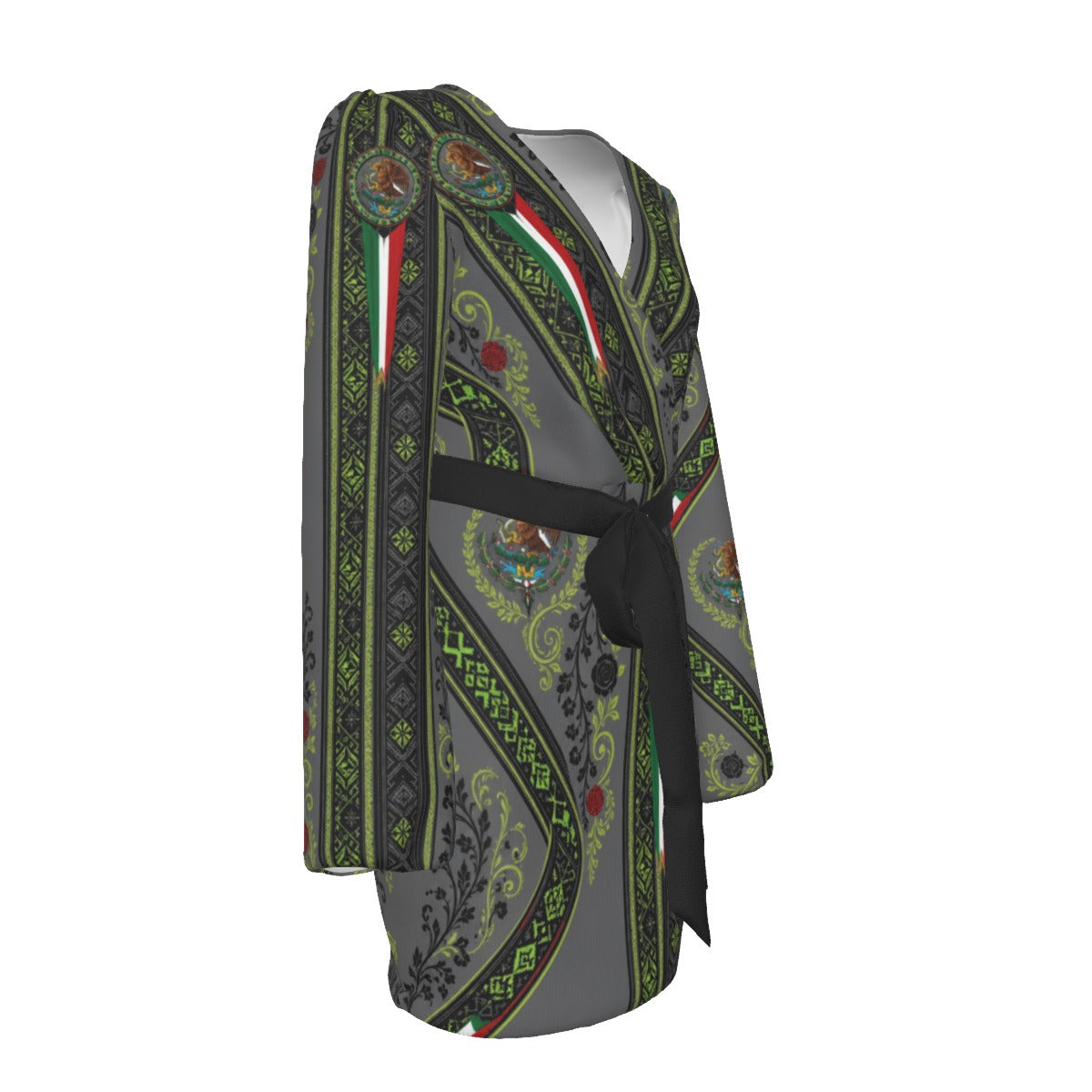 All-Over Print Women's Long Sleeve Dress With Waist Belt