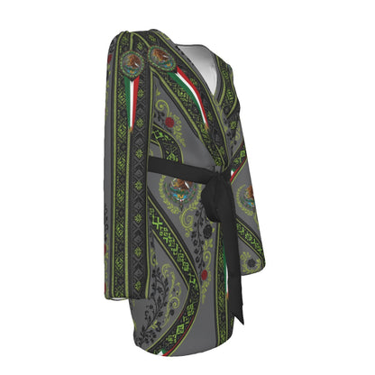 All-Over Print Women's Long Sleeve Dress With Waist Belt