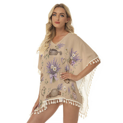 Country Theme Subtle FDT Poncho  Beach Cover Up, Women's Square Fringed Shawl