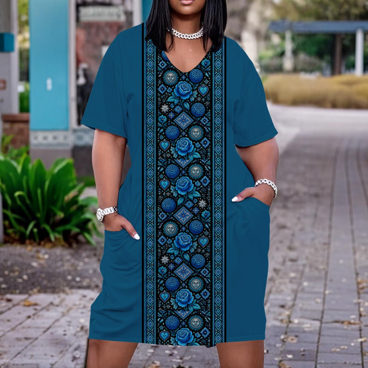 All-Over Print Women'S V Neck Short Sleeve Dress|Plus Size