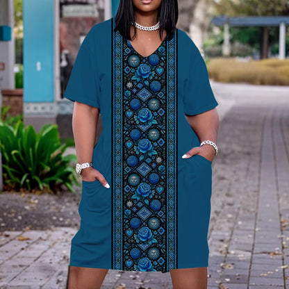 All-Over Print Women'S V Neck Short Sleeve Dress|Plus Size